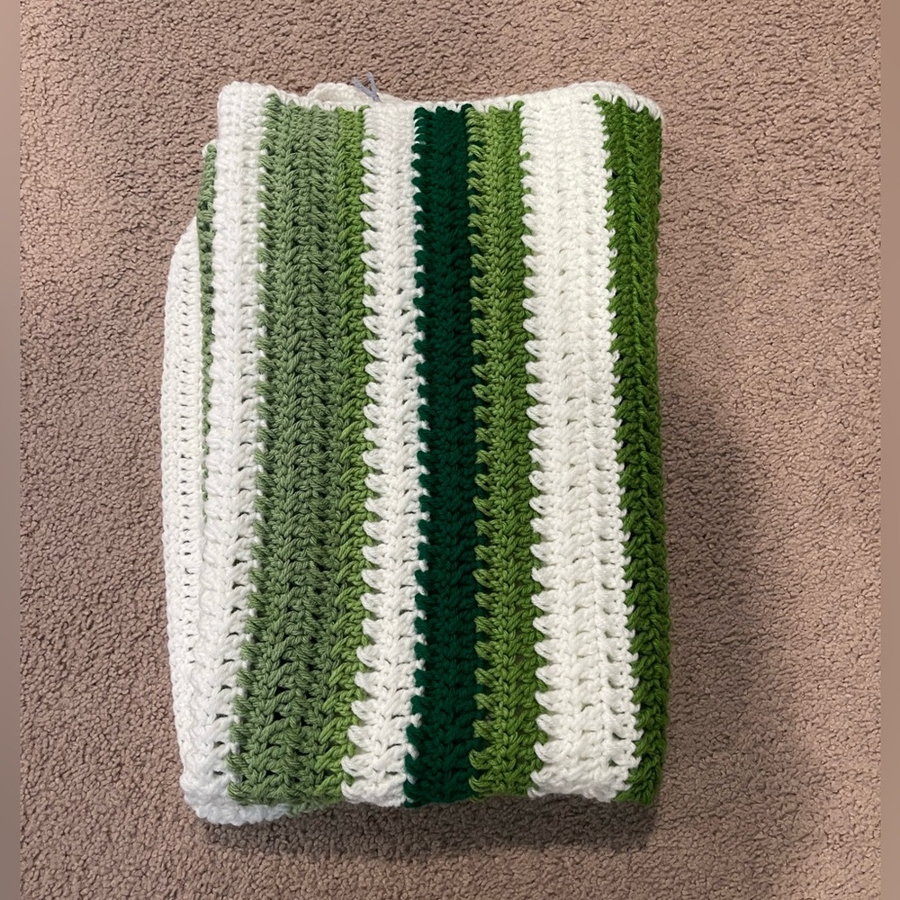 Handmade Green & White Striped Crochet Throw Blanket 47x37